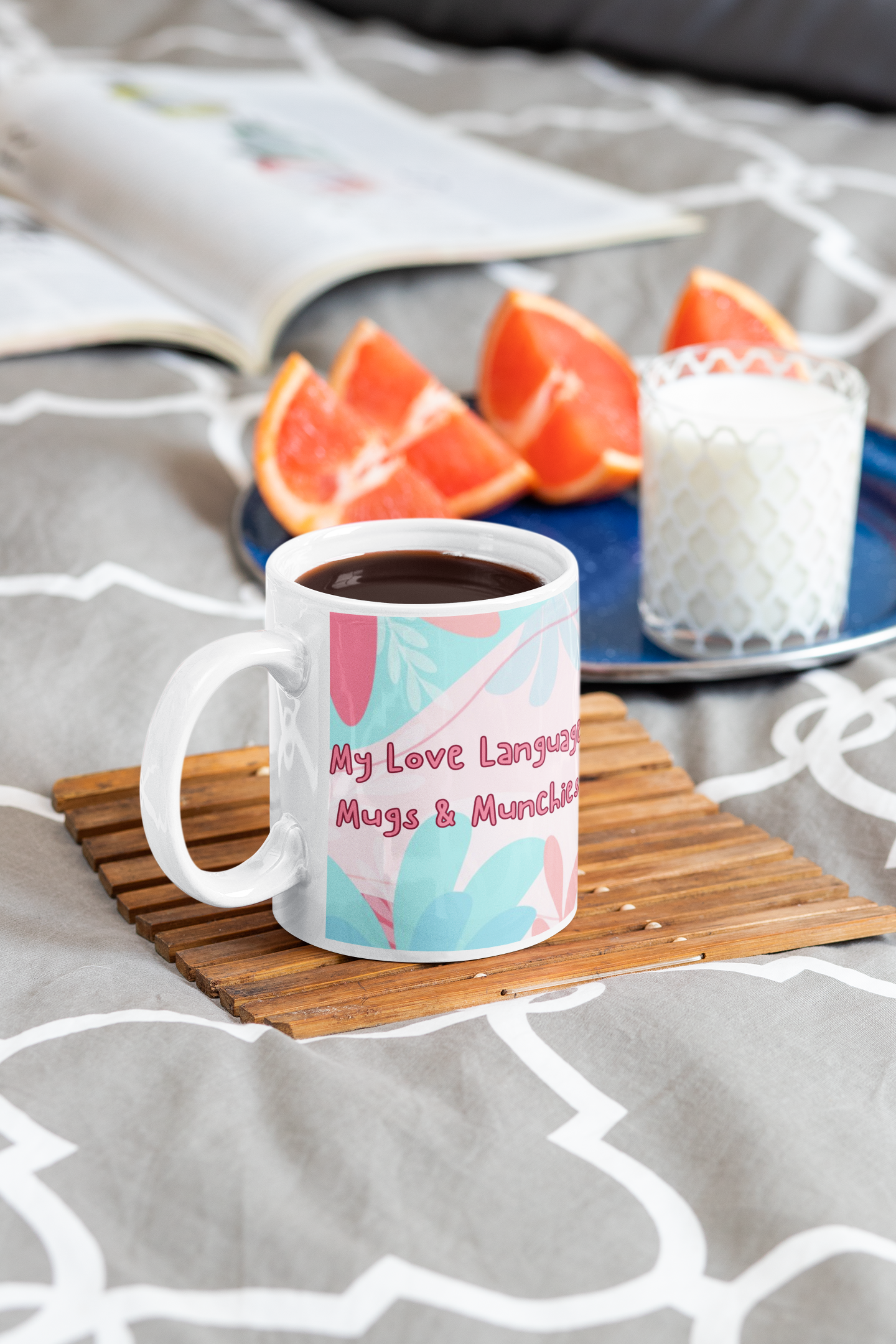 11oz funny coffee mug left side "My love language Mugs & Munchies" with simple breakfast